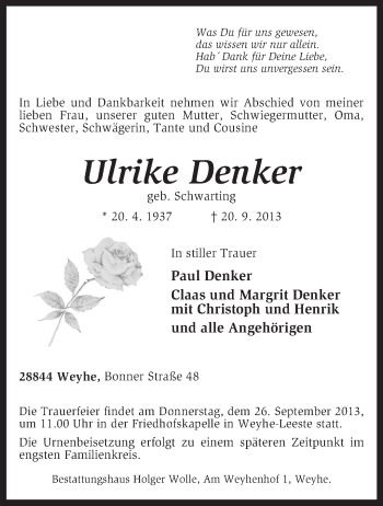 Todesanzeige von Ulriker Denker von KRZ