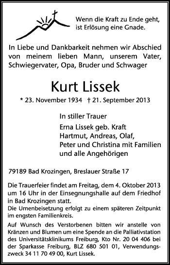 Todesanzeige von Kurt Lissek von KRZ