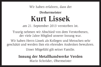 Todesanzeige von Kurt Lissek von KRZ