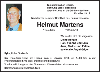 Todesanzeige von Helmut Martens von KRZ