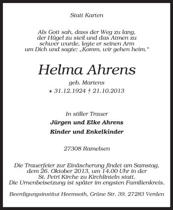 Todesanzeige von Helma Ahrens von KRZ