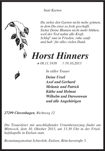 Todesanzeige von Horst Hinners von KRZ