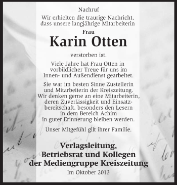 Todesanzeige von Karin Otten von KRZ