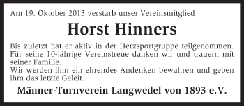 Todesanzeige von Horst Hinners von KRZ