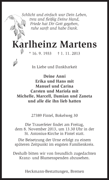 Todesanzeige von Karlheinz Martens von KRZ