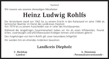 Todesanzeige von Heinz Ludwig Rohlfs von KRZ