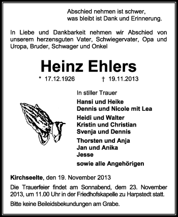 Todesanzeige von Heinz Ehlers von KRZ