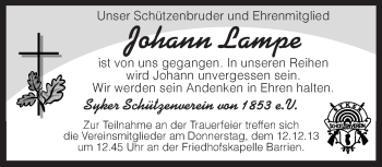 Todesanzeige von Johann Lampe von KRZ
