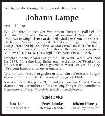 Todesanzeige von Johann Lampe von KRZ