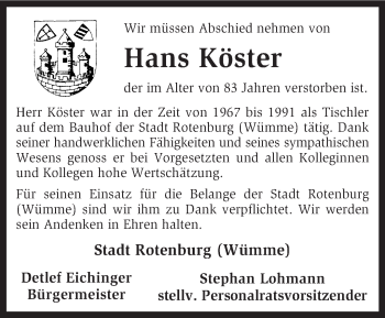 Todesanzeige von Hans Köster von KRZ
