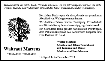Todesanzeige von Waltraut Martens von KRZ