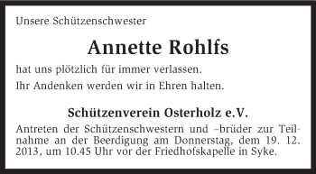 Todesanzeige von Annette Rohlfs von KRZ