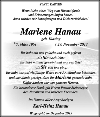 Todesanzeige von Marlene Hanau von KRZ