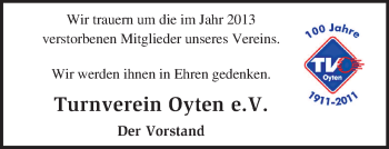 Todesanzeige von Gedenken Turnverein Oyten e.V. von KRZ