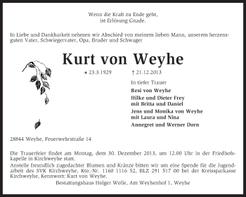 Todesanzeige von Kurt von Weyhe von KRZ