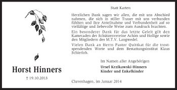 Todesanzeige von Horst Hinners von KRZ