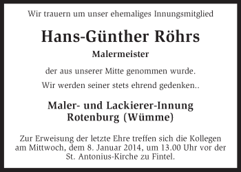 Todesanzeige von Hans-Günther Röhrs von KRZ