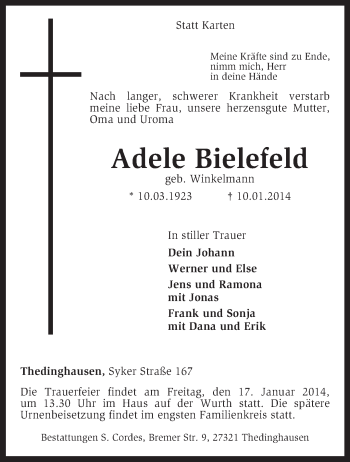 Todesanzeige von Adele Bielefeld von KRZ