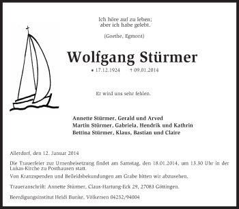 Todesanzeige von Wolfgang Stürmer von KRZ
