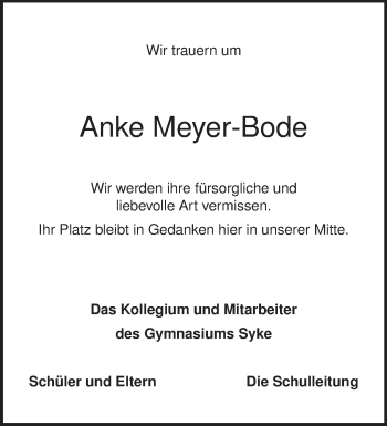 Todesanzeige von Anke Meyer-Bode von KRZ