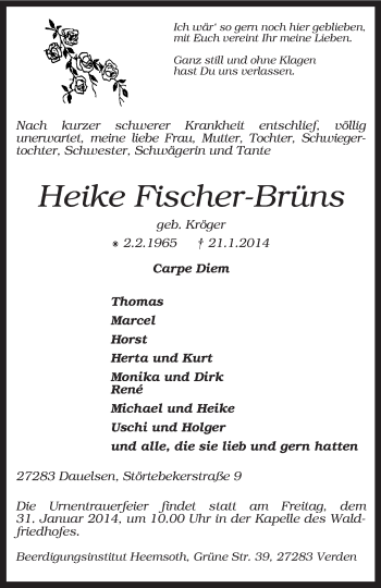 Todesanzeige von Heike Fischer-Brüns von KRZ