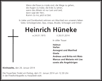 Todesanzeige von Heinrich Hüneke von KRZ