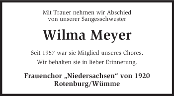 Todesanzeige von Wilma Meyer von KRZ