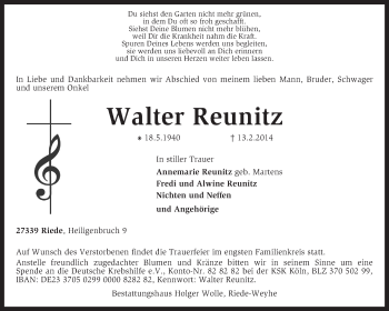 Todesanzeige von Walter Reunitz von KRZ