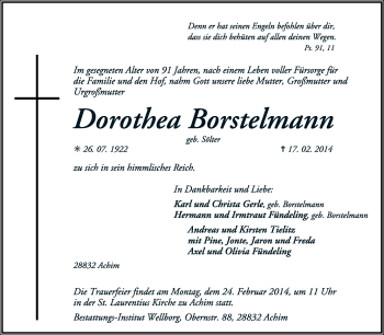 Todesanzeige von Dorothea Borstelmann von KRZ
