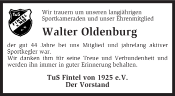 Todesanzeige von Walter Oldenburg von KRZ