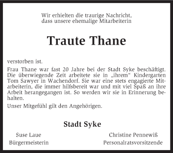 Todesanzeige von Traute Thane von KRZ