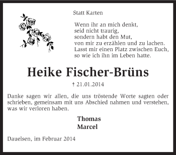 Todesanzeige von Heike Fischer-Brüns von KRZ