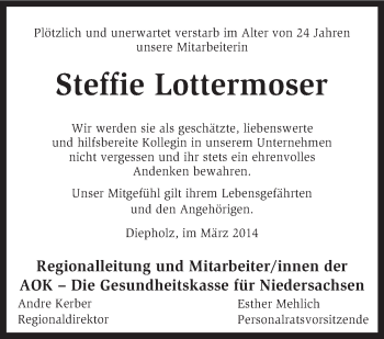 Todesanzeige von Steffie Lottermoser von KRZ