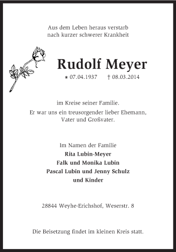 Todesanzeige von Rudolf Meyer von KRZ