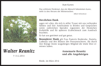 Todesanzeige von Walter Reunitz von KRZ