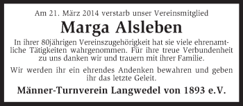 Todesanzeige von Marga Alsleben von KRZ