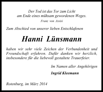 Todesanzeige von Hanni Lünsmann von KRZ