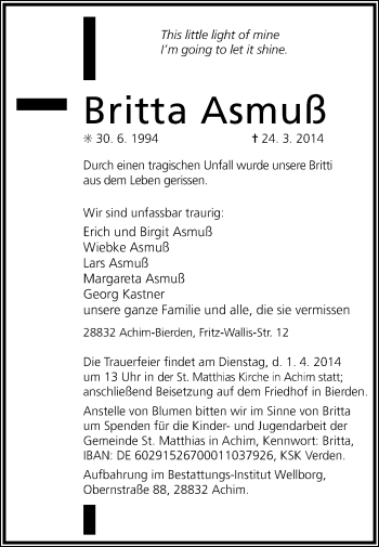 Todesanzeige von Britta Asmuß von KRZ