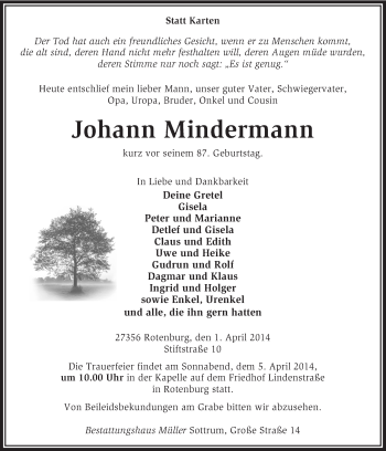 Todesanzeige von Johann Mindermann von KRZ