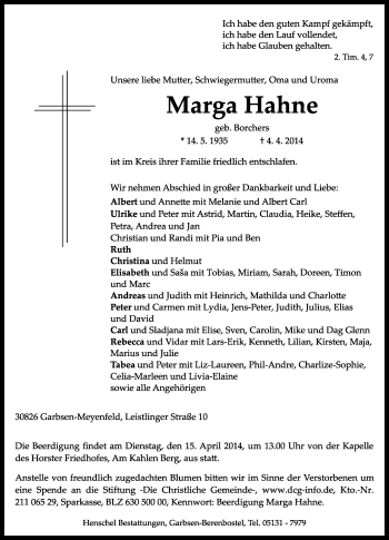 Todesanzeige von Marga Hahne von KRZ