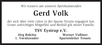 Todesanzeige von Gerd Volk von Kreiszeitung