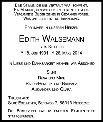 Todesanzeige von Edith Walsemann von KRZ