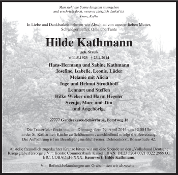 Todesanzeige von Hilde Kathmann von KRZ