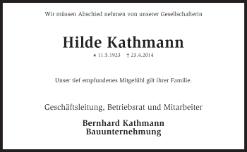 Todesanzeige von Hilde Kathmann von KRZ