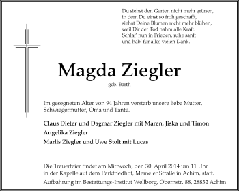 Todesanzeige von Magda Ziegler von KRZ
