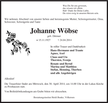 Todesanzeige von Johanne Wöbse von KRZ