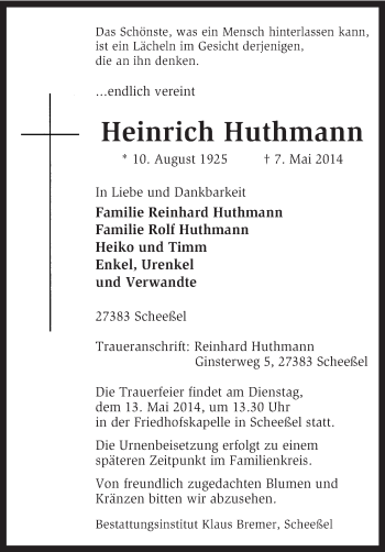 Todesanzeige von Heinrich Huthmann von KRZ