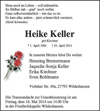 Todesanzeige von Heike Keller von KRZ