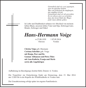 Todesanzeige von Hans-Hermann Voige von KRZ