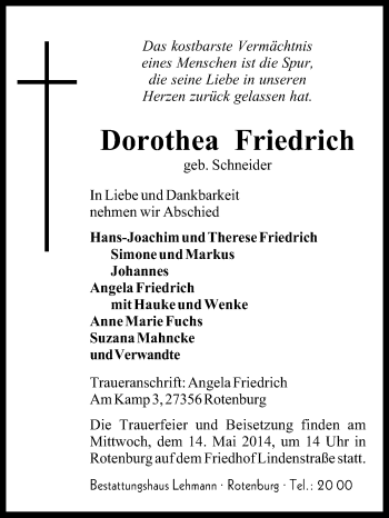 Todesanzeige von Dorothea Friedrich von KRZ